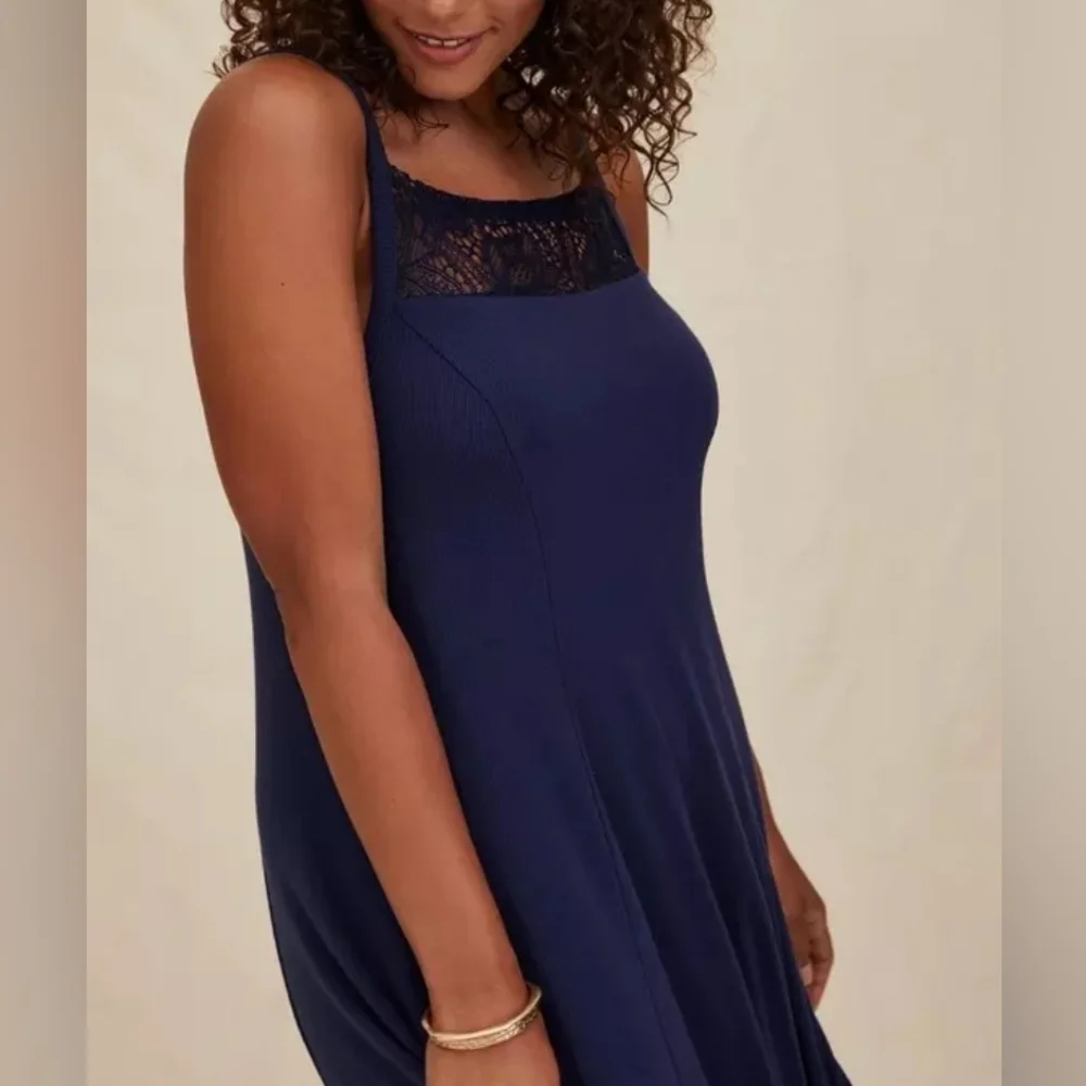 1X • Torrid • Navy Lace Inset Neckline Midi Rib Trapeze Dress - Picture 2 of 5